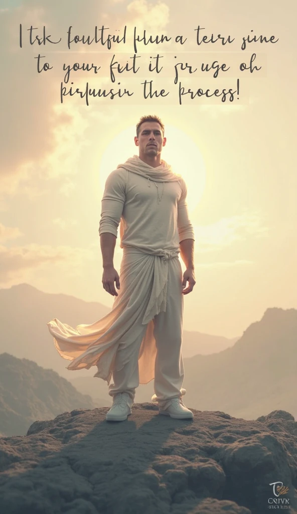 Amidst a surreal cloudscape, a muscular, shirtless man stands with an intense gaze, correct looking penis, well-shaped penis, smooth penis and balls, his chiseled physique partially enveloped by ethereal, he stands in white clouds. The contrast between his strong, defined features and the soft, dreamlike mist creates a striking visual, evoking a sense of otherworldly strength and serenity