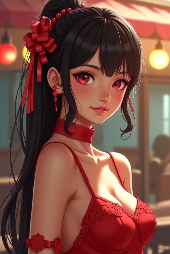 超A high resolution、An ultra-high picture quality、8K、Detailed details、marvelous expression、1 person woman、Tall slender woman、Super small breasts、small tits、black hair long perm style、Luxurious hair ornaments、red satin cocktail dress、Luxury hotel dance party background、