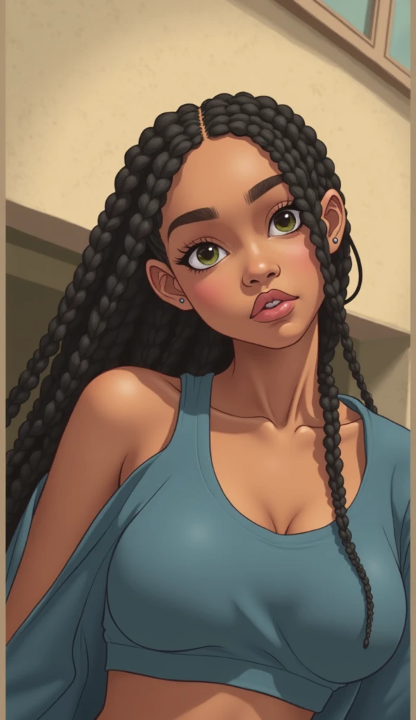 a woman with long braids and a black top posing for a picture, a pastel inspired by Chinwe Chukwuogo-Roy, trending on cg society, hurufiyya, beautiful face!!, beautiful face!, beautiful face!!!!, beautiful gorgeous, black hair in braids, very dark brown skin!, gorgeous beautiful, ryan kiera armstrong, extremely beautiful, beautiful portrait