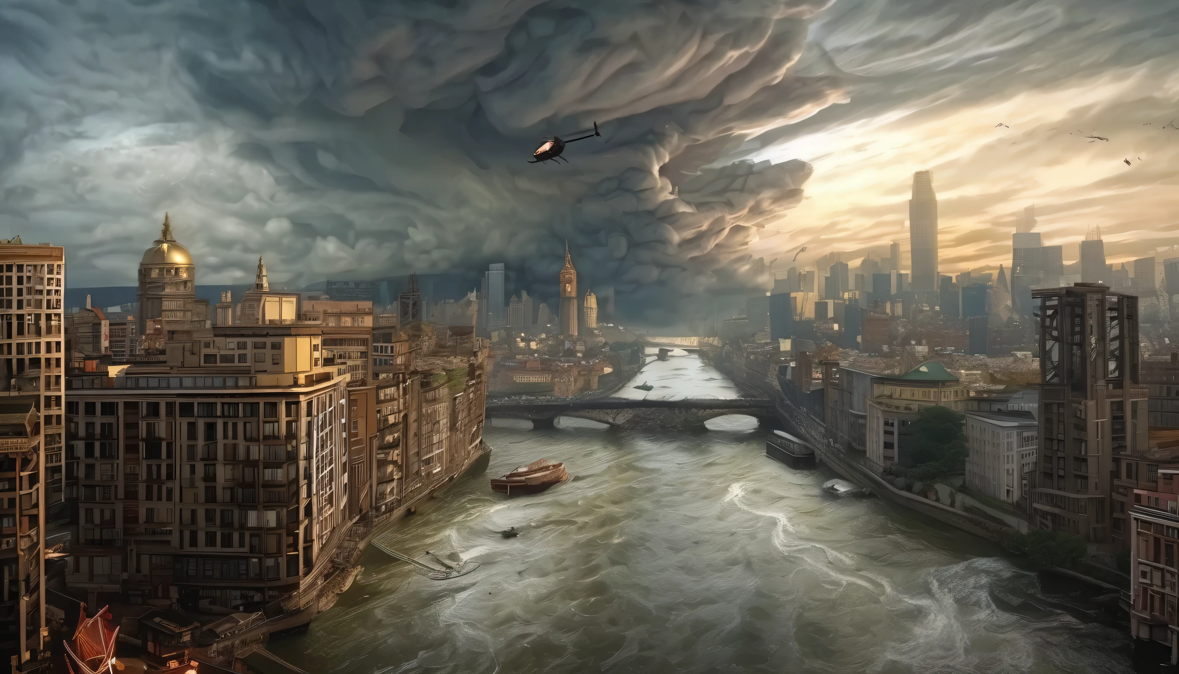 ( best quality,4K,8k,high resolution, masterpiece:1.2),Super Detail,( realistic ,photo realistic ,photo- realistic :1.37), Desperate Giants , Helicopter Capturing Angelic Beings and Diabolical , powerful monster ,Shining Sword , Magnificent and Dark Atmosphere , Modern Cityscapes , Raging Water ,Bad weather,Destruction,Scenes、Angels Flying Around