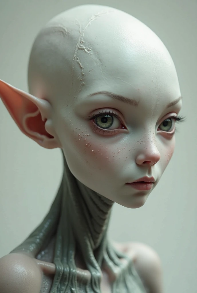 one girl, elf ears, , pure, cute naked, topless, a Woman alien mix, human Body, big tits, shed skin, alien nose but the Rest of the face ist human, (((whiskers))) big eyes, full black eyes, hybride 10 % mice 50 %alien and 40 % human, face mostly woman, shed kin at Body Arms and shoulders and neck , full black Iris, slender No clothes,snake shed skin, black skin, fat lips, bimbo lips, tail, fangs,snub nose, Reptile skin, big tits, big ass, slim waist,full naked, Chain