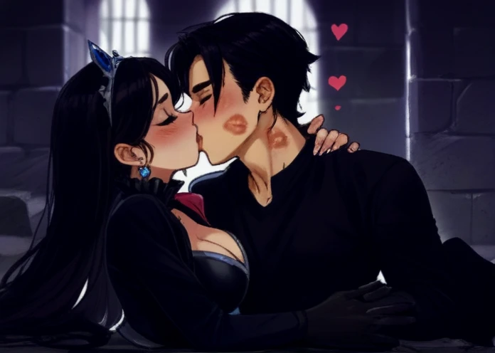 Lilith Clawthorne from The Owl House lifts her skirt showing her underwear, sad look with tears, long black hair and kissing his sister 