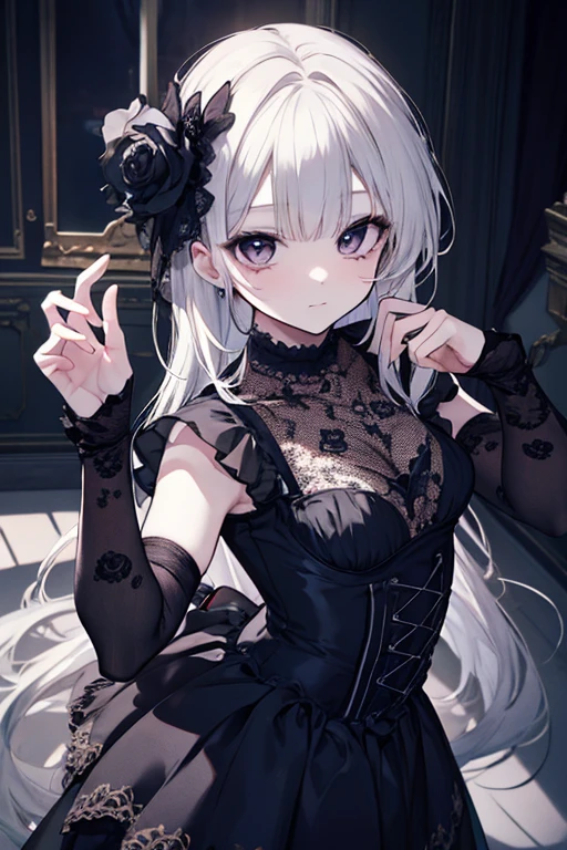 whole body, creepy room, skirt, shirt, long sleeves, frills, smile, creepy, skulls, candle, hair ornament, bone, doll, horror theme, absurdres, RAW photo, extremely delicate and beautiful, masterpiece, Best Quality, ultra high resolution, 32k, hyperrealistic, ultra-detailed, detailed description, pale skin, 20 years old, detailed beautiful face and eyes, tearful mole, earring, Colossal tits, short medium hair, wavy hair,