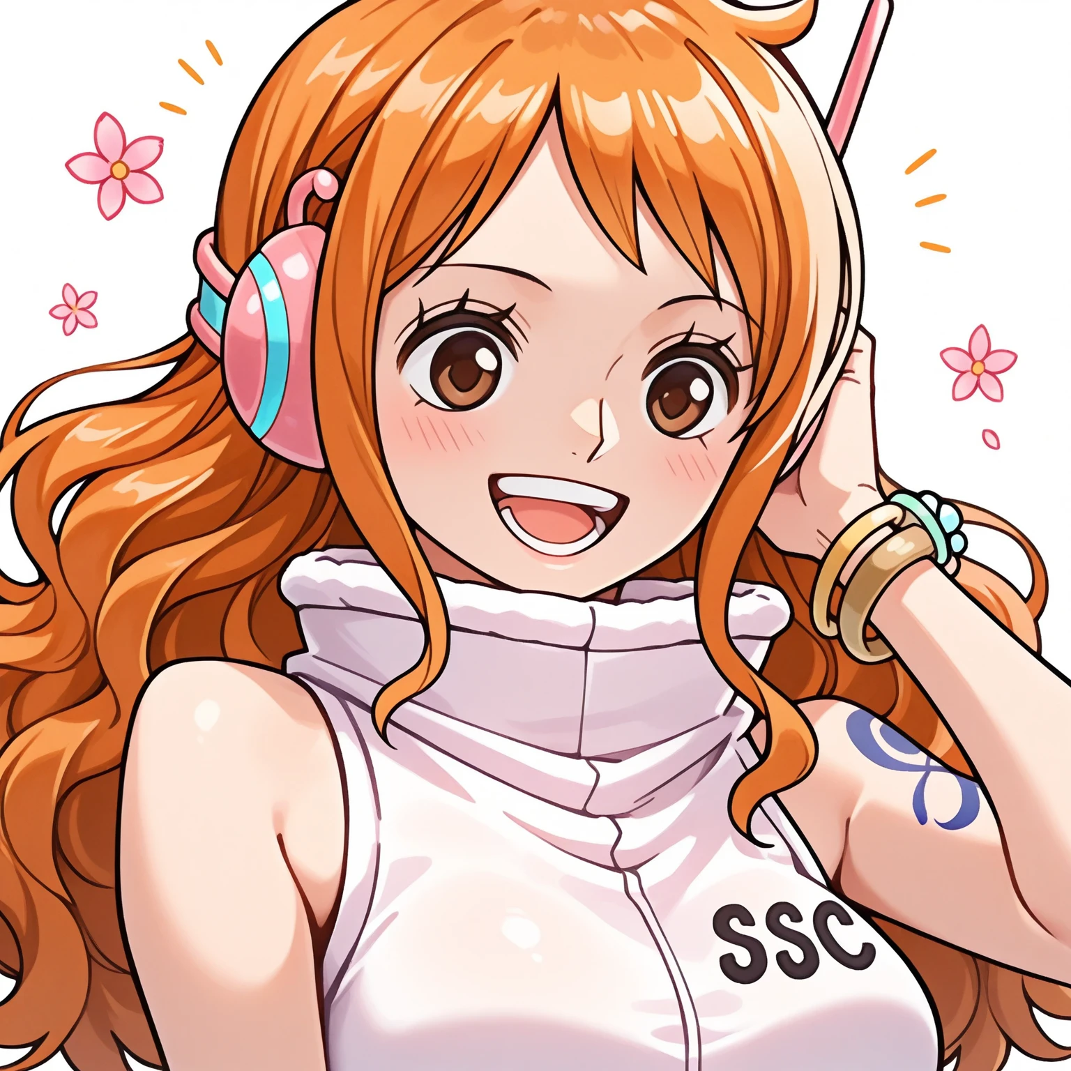 eggnami <lora:eggnami:0.9>, 1girl, solo, long hair, breasts, orange hair, headphones, sleeveless, brown eyes, nami, bracelet, jewelry, underwear, swimsuit, fur trim, white leotard, pink pouch, panties, thick thighs, wide hips