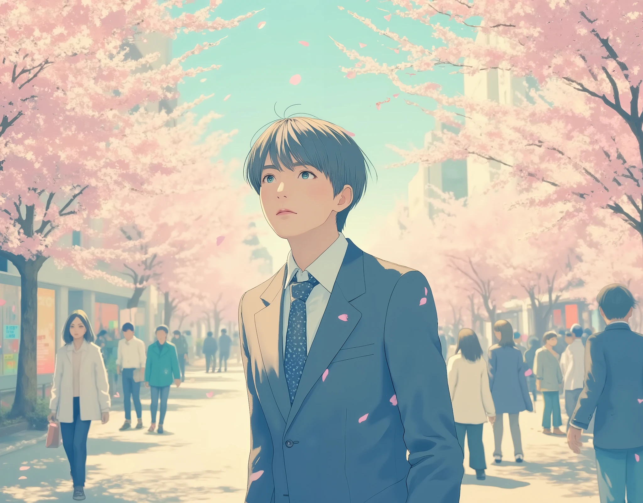 Cherry trees in full bloom々An afternoon in a Japanese city surrounded by。a young man walking through an urban cityscape。彼はNew social personです。彼はnervousした面持ちの表情で空を見上げています。Beautiful cherry blossom petals are scattered as if celebrating his departure。warm sunlight shines through pink flowers、creating a warm anime-style scene。New social person、suit、Hopes and fears、depth of field、full body、modern、 calm、nervous、handsome、tie