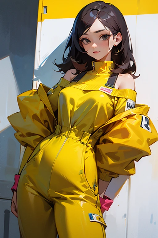 ,tall girl, muscular female, alternate muscle size,,muscular ,biceps,,yellow jacket,pantyhose,muscular thighs