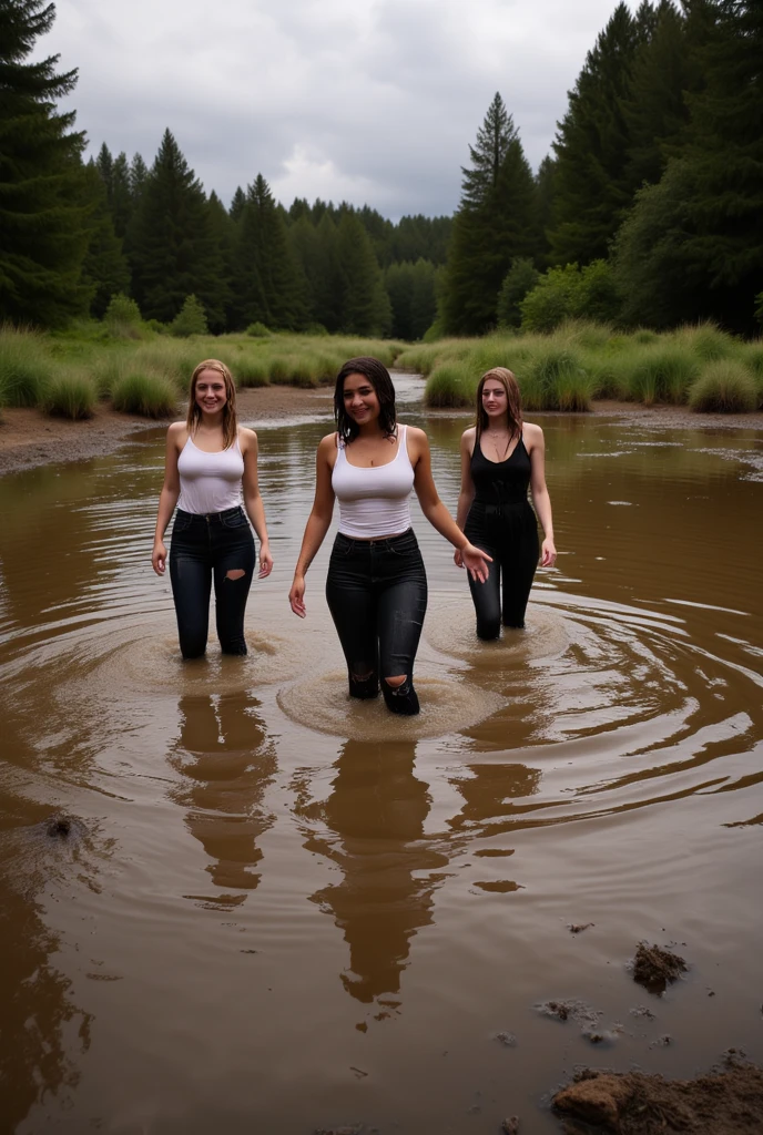 ((Masterpiece: 1.2, Best Quality)), photorealistic, highly detailed, A group of girls, white shirts, white shorts, playing with water, river, wet clothes, wet hair, wet skin
