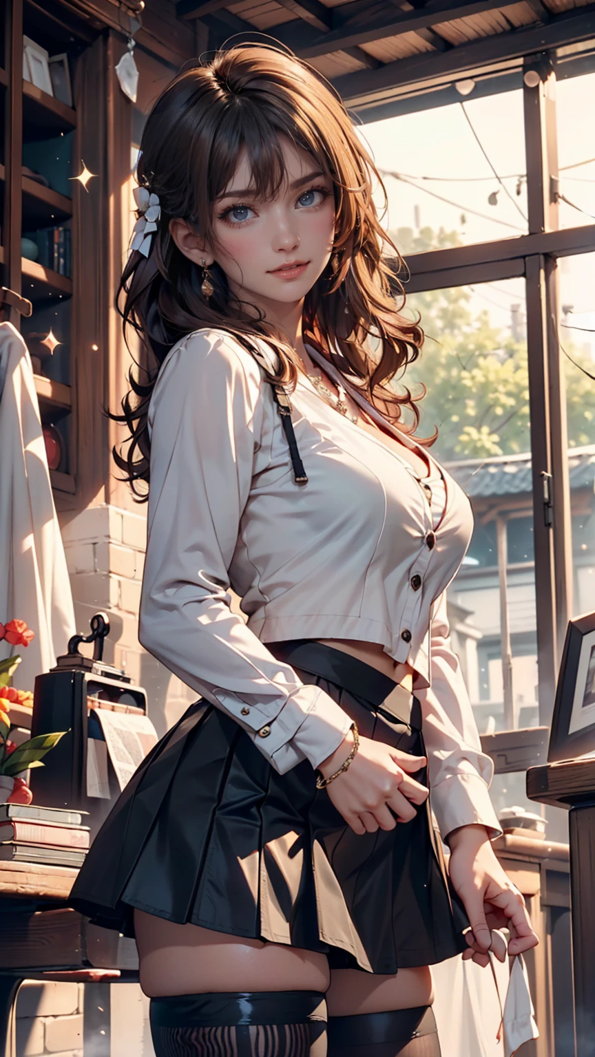 a 25yo woman、Hair color is a gradient color、eye color is brown、Semi-long、hair is wavy、wearing eye shadow and lipstick、I'm wearing a decorated headband、accessories on wrist、Slender but well-proportioned muscular body、wearing a blouse、I'm wearing a low-rise pleated skirt、huge tit、a smile