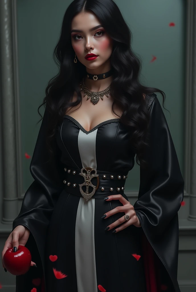"A full-body shot of a scene in a dark medeval palace. A queen with big light-colored eyes, super long shiny blackest hair, ((Detailed face:1.2)), perfect beautiful teeth, perfect hands, five fingers on each hand, big breasts cleavage, white perfect skin, rosy cheeks, )(Best Quality) (Detailed). Wearing a layered black and gold dress with lace and shiffon. leans standing nonchalantly against a black thrown. On her head is a gold crown, adorned with pink crystals 1:1. A white cat lounges on the floor in front of her 1:1, while a blue bird perches atop the throne. The scene includes a elegant, extraordinairy beautiful gothic empress, striking a bendover pose, excited, her long black hair flowing over her shoulders. Embodying a beautiful yet disheveled gothic queen. The environment exudes a medieval fantasy vibe, with a big black intricate throne, a medeval chandelier hanging from the ceiling In a fantastic scene that uses 3D Surreal 3D model. Big gold gothic medieval five armed candlesticks sit on a blacktable, surrounded by crystal wine glasses—one tipped over and another half-full of wine. The entire setup is Best Quality, masterpiece yet regal, capturing the essence of a vampire, fantastical gothic setting, moist, Reflectors, illuminated by low lighting from right , framed with the grandeur of medieval gothic style. photographed in a Canon EOS R5, 50mm Lens, F/2.8, nffsw, (8K)"