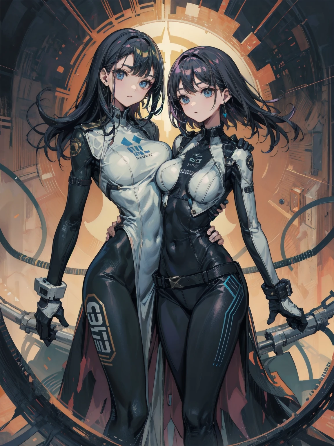 Sexy Cyborg Suit、17 years old、beautiful girl、ponytail、Black Hair、fight、White beam