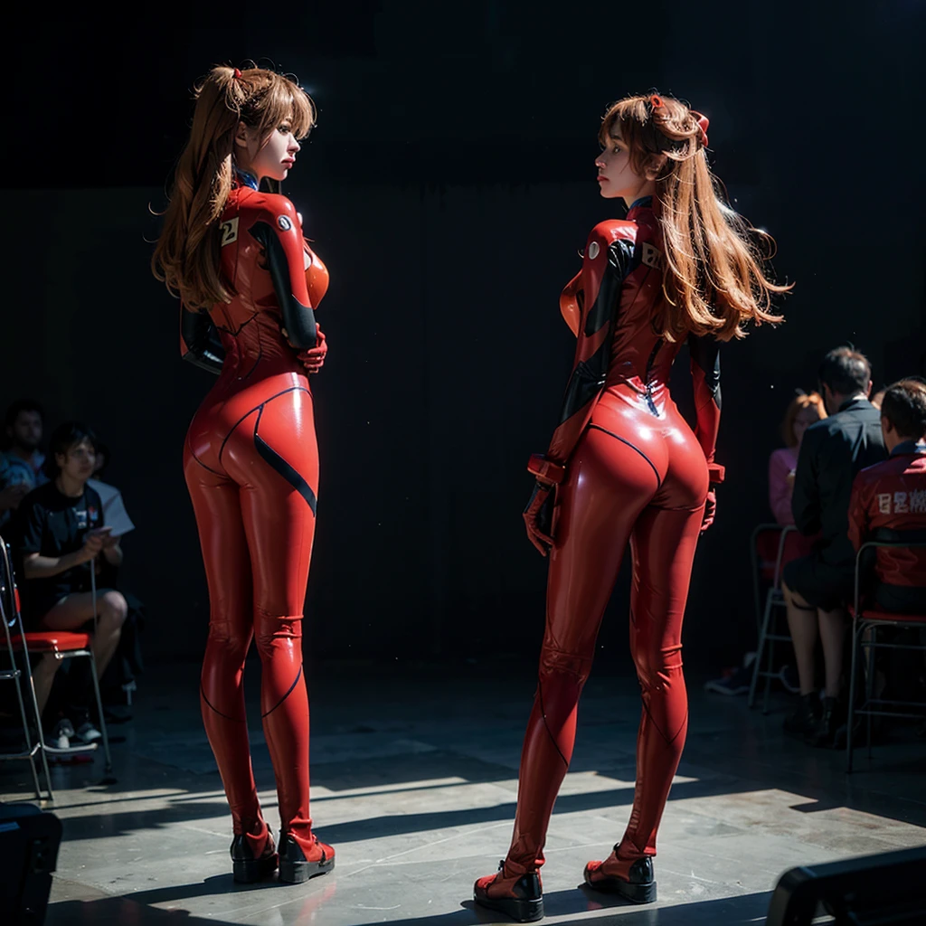 Girl with short red hair, red latex suit with shorts and red boots, with hood and black mask, Bow and arrow on the back