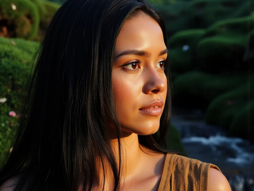 a beautiful woman with light brown skin, long brown hair, cleavage, wearing a white tunic, decorative corals on her clothes, drinking water with her hands, in front of a waterfall, (best quality,4k,8k,highres,masterpiece:1.2),ultra-detailed,(realistic,photorealistic,photo-realistic:1.37),highly detailed face, extremely detailed eyes and face, beautiful detailed lips, longeyelashes, detailed skin texture, detailed fabric texture, dramatic lighting, vivid colors, natural scenery, lush foliage, cascading waterfall, concept art, cinematic lighting