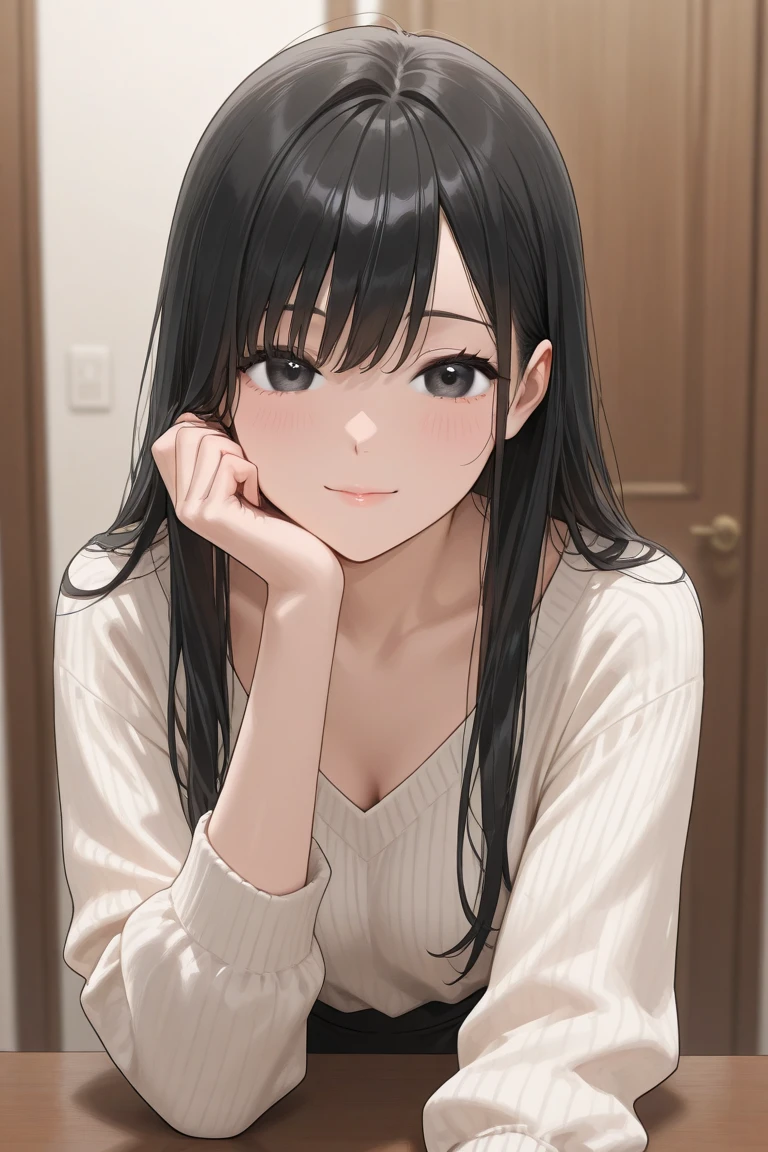 1girl, beautiful face, beautiful body, first rate female body, blush, medium big breasts, looking at viewer, closed mouth, light smile, from front, cowboy shot, short hair, black hair, bob hair, sweptbangs:1.4, tifa, tifa lockhart, mature women, sleeveless sweater, bare shoulder, hand on chest, upper body, close up