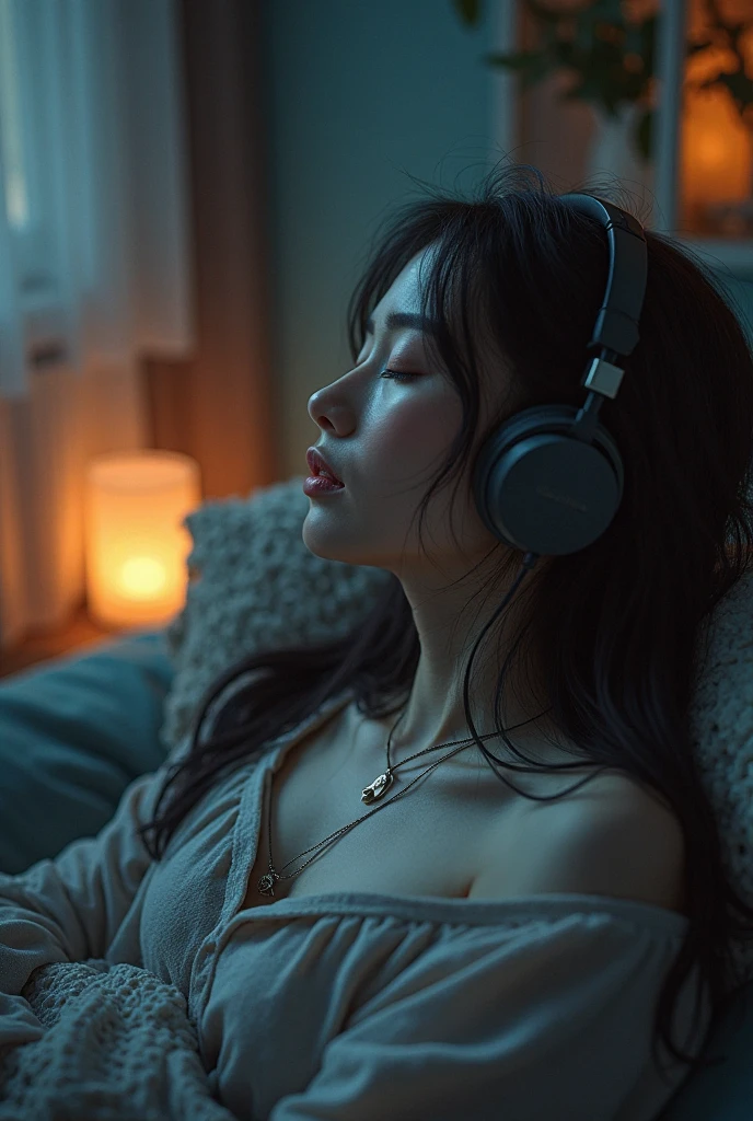 Woman bending her knees towards her chin lying on a bed with headphones sad