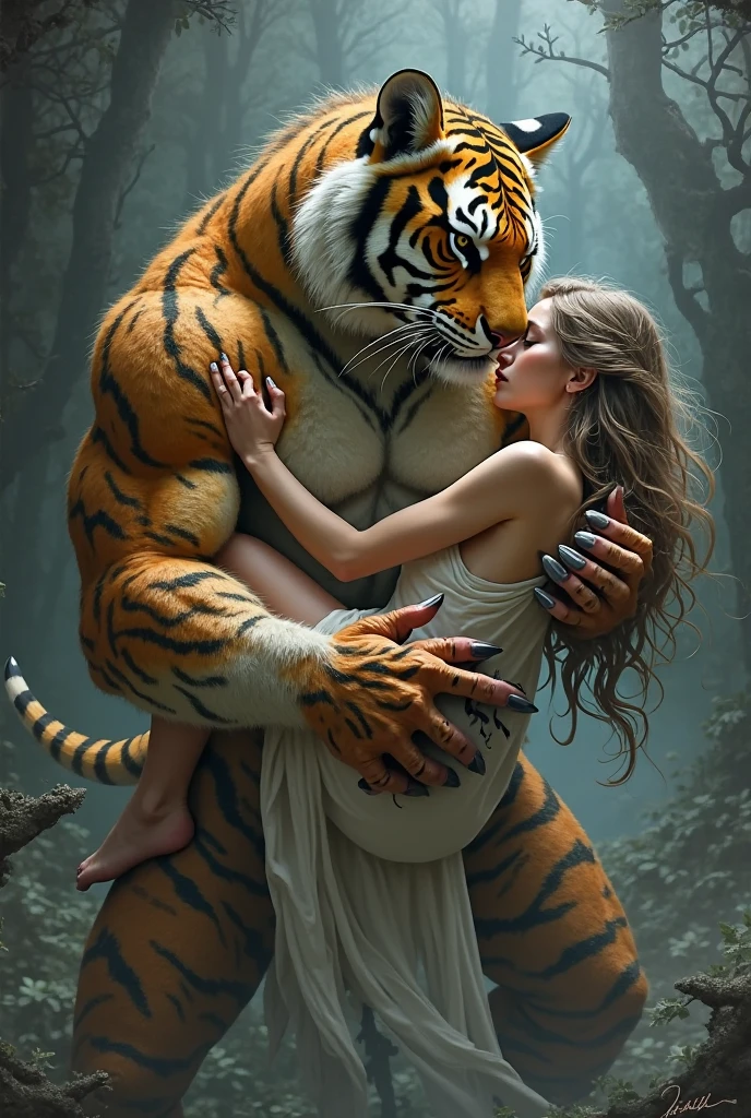 A bodybuilder cat holding his human woman in his arms and crying and weeping