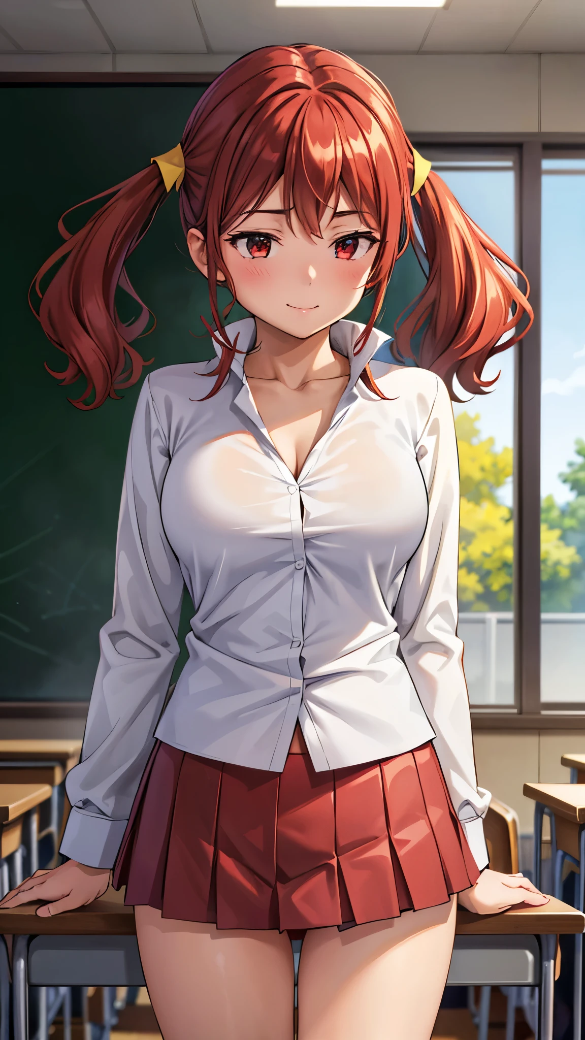 (super quality,super high resolution,16k,Super Masterpiece,Ultra HD ,detailed shading and background,) upper body shot from below,Sexy high school girl,twin tails,white shirt with the sleeve turned back,The Valley of the Chest,red miniskirt,white panties,cover,smile,Leaning forward greatly, evening classroom ,