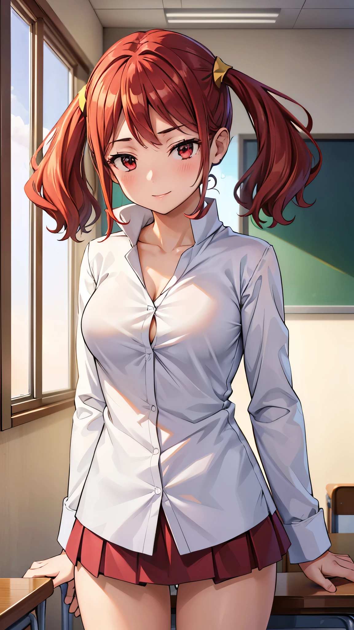 (super quality,super high resolution,16k,Super Masterpiece,Ultra HD ,detailed shading and background,) upper body shot from below,Sexy high school girl,twin tails,white shirt with the sleeve turned back,The Valley of the Chest,red miniskirt,white panties,cover,smile,Leaning forward greatly, evening classroom ,