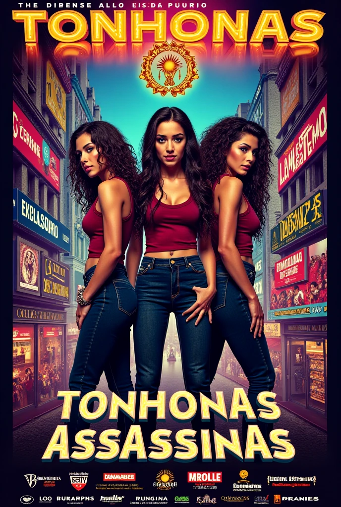 Create the cover of a movie that is two sisters as adults, one with curly hair and a thin ponytail and a little dark and the other with medium complexion and layered hair and a little dark and the title is called Las Doñas in Spanish and that both look like they are 50 years old that looks like a Marvel-style superhero cover and that they look like they are defeating several dark-skinned people and that their weapons are flip-flops and that they look like they are Mexican