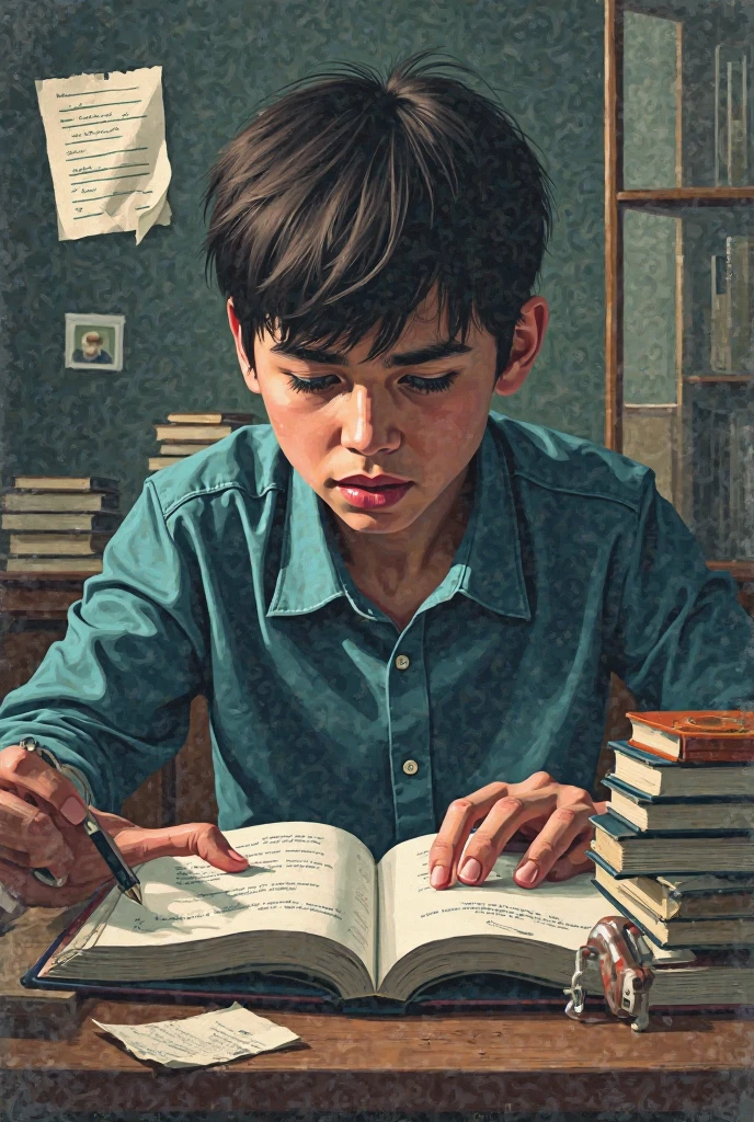 boy [tan skin, glasses] seeing his art from drawing book coming alive