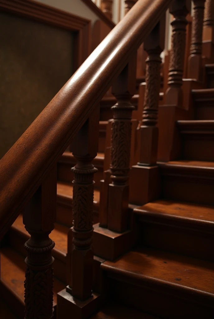 Half Visable Image of stairs with banister and a half visible top half landing ...