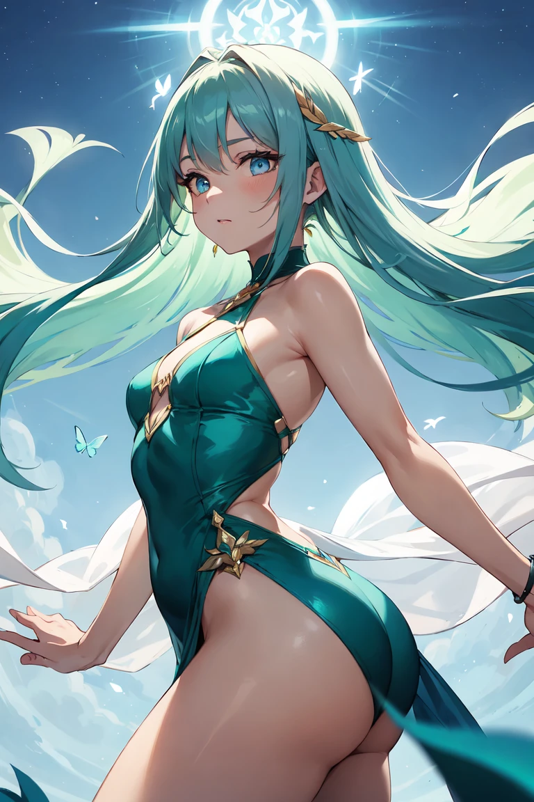 (((best quality))), ((ultra-detailed)), ((an extremely delicate and beautiful)), ((16k)), realistic, hd, cgi, gleaming hair, gleaming skin, gleaming dress, Character focus, solo, stylish pose, strong light coming in, sharp focus, illustration, game cg, anime, solo, curvy, (small breasts:1.3), forehead, (white taut one-piece swimsuit:1.2), faste collarbone, (belly:0.9), standing, leaning forward, hand on own head, looking at viewer, ocean, flower hair ornament, accessories, backlighting, shiny skin, shiny body, chibi, xiao, (genshin impact), gloves, tattoo, arm tattoo, necklace, jewelry, green hair, bead necklace, multicolored hair, beads, yellow eyes, mark on forehead, purple mark on forehead, long hair