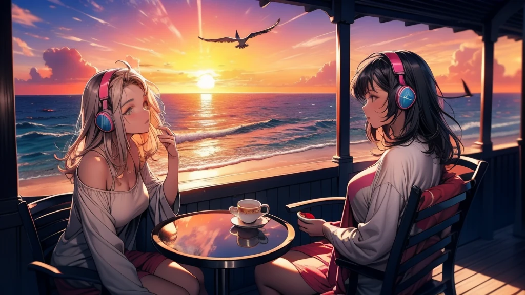 cute characters like photographers and entertainers, relaxing in a cozy living room. Out of the window,, conveying a calm and peaceful summer landscape. characters that exude a relaxed and comfortable atmosphere, perfect for relaxed themed LoFi hip hop. This image is perfect for 16:Aspect ratio 9, Youtube thumbnails.placing a beer can on a table、evening
