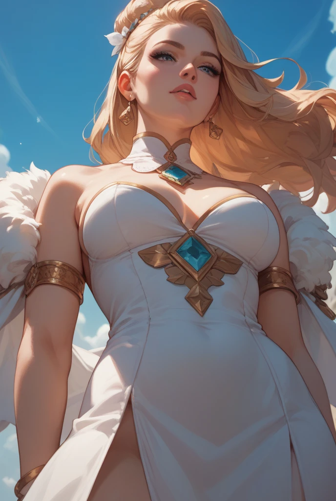girl,1girl,(large breasts:1.2),((((creamy Marble hair:1.35,creamy Marble hair up)))),((golden_eyes:1.5)),glowing eyes,intricate eyes,beautiful detailed eyes,symmetrical eyes,((fat)),(((lustrous skin:1.5,bright skin: 1.5,skin tanned,shiny skin,very shiny skin,shiny body,plastic glitter skin,exaggerated shiny skin,illuminated skin))),(spider lower abdomen,narrow waist,wide hip,athletic body,inflated legs,thick thighs,detailed body,(detailed face)),
cute,slutty,seductive,erotic,(nsfw),
zettai ryouiki,(((Holy GUARDIAN ANGEL,white and large wings,feathers, has feather wings))) ,((((creamy Marble Antique dress))))
(dynamic pose:1.0),serius,(centered,scale to fit dimensions,Rule of thirds),
((floating in the clouds, sky and clouds background)),scenery:1.25,((intricate scenery)),
(Glossy holy ornaments),highres,sharp focus,(ultra detailed,extremely detailed),(photorealistic artwork:1.37),(extremely detailed CG unity 8k wallpaper),(((vibrant colors,vibrant theme))),(intricate),(masterpiece),(best quality),artistic photography,(photography taken by sldr),(intricate background),perfect rendered face,perfect face details,realistic face,photo realistic,((intricate detail)),(((realism))),