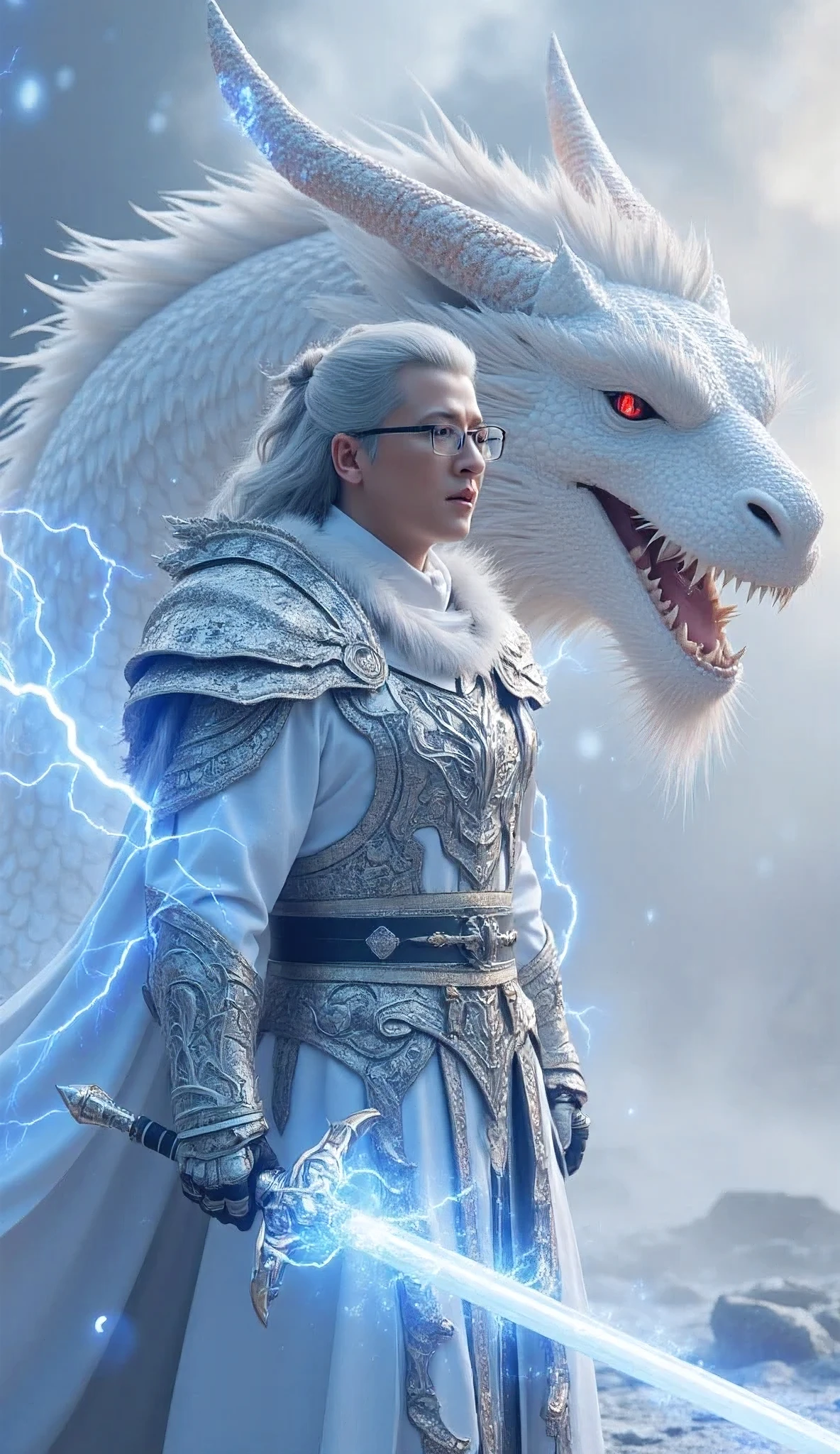 A mighty warrior with long silver hair, sharp eyes, and sharp dragon horns on his forehead, exuding a supernatural presence. He wears nearsighted glasses and wears a dazzling silver armor inspired by dragon scales, with exquisite dragon motifs on his shoulders and chest, glowing with a cold blue aura. His cloak flutters in the cold wind, fringed with divine energy.
In his hand he holds a legendary lightning sword, the blade crackling with blue energy, and the hilt engraved with a dragon exudes power. He stands in the midst of rolling mist, surrounded by golden-blue lightning.
Behind him, a huge white dragon soars, with sharp red eyes and knife-like teeth exuding overwhelming power. Its fur glows with divine fire and electric shocks. The celestial background, filled with cold mist and supernatural energy, highlights the warrior's dominance and divine power. 8k ultra-sharp highest quality textured images