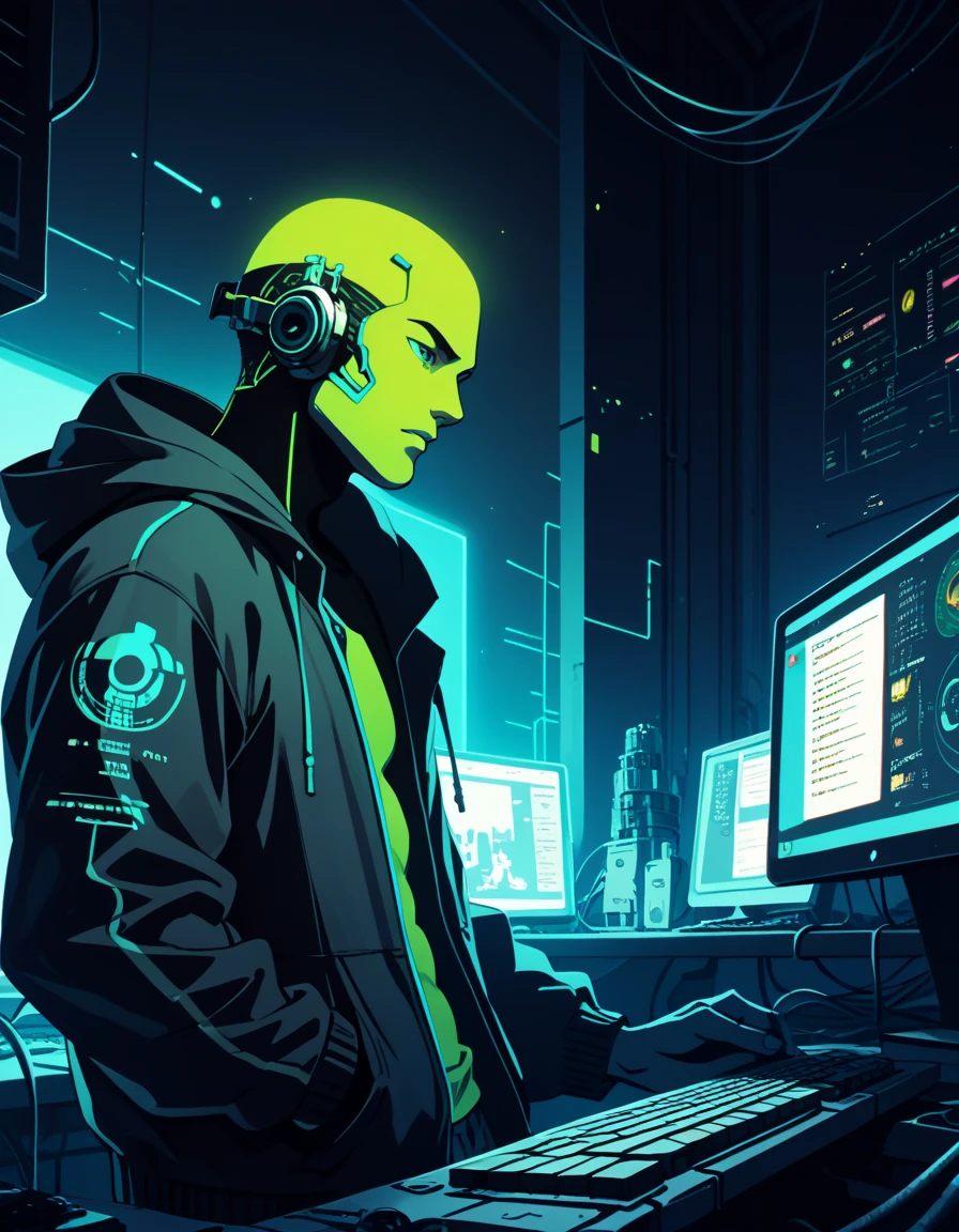Male silhouette of a man, Alone, Alone,  wearing hooded jacket typing on a computer screen. Background with circuit details, black cores, blue and green. neon. minimalist manga. Technological theme. 