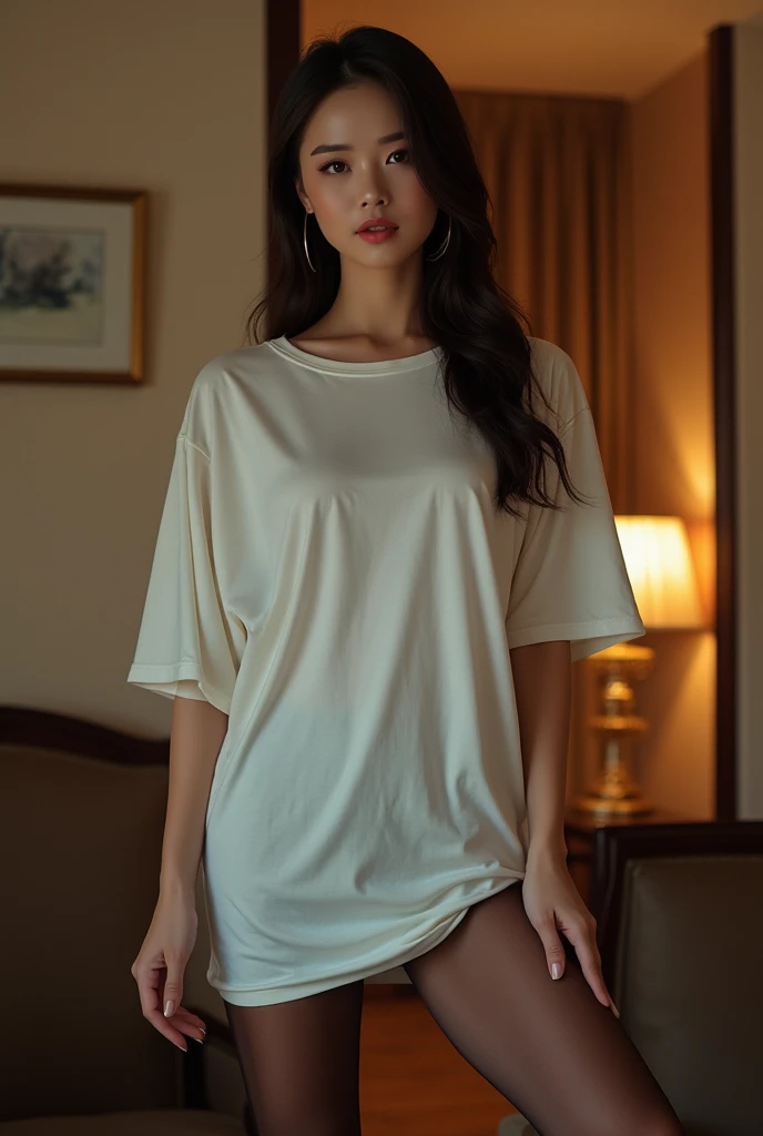 (best quality,realistic,ultra-detailed),a two sexy and slim 18-year-old French brunette woman in black short sleeve nightdress, visible legs, sur un lit