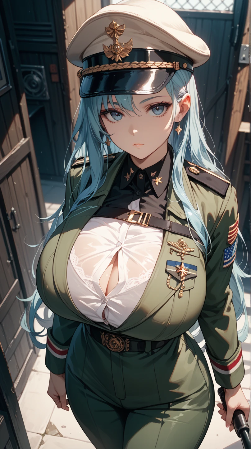 (masterpiece:1.2, highest quality), (live-action, Intricate details), 1 Female, alone, Upper Body, Long Hair, Minimal makeup, Detailed face, Angry expression, Very long light platinum blonde hair, bangs, Hair between the eyes, Green Eyes, big plump breasts, big ass, big , Clothes, army clothing, army, Severe, War Settings, army Clothes, army pants, Beautiful soldier girl, modern army, Severe army Clothes, (war background)