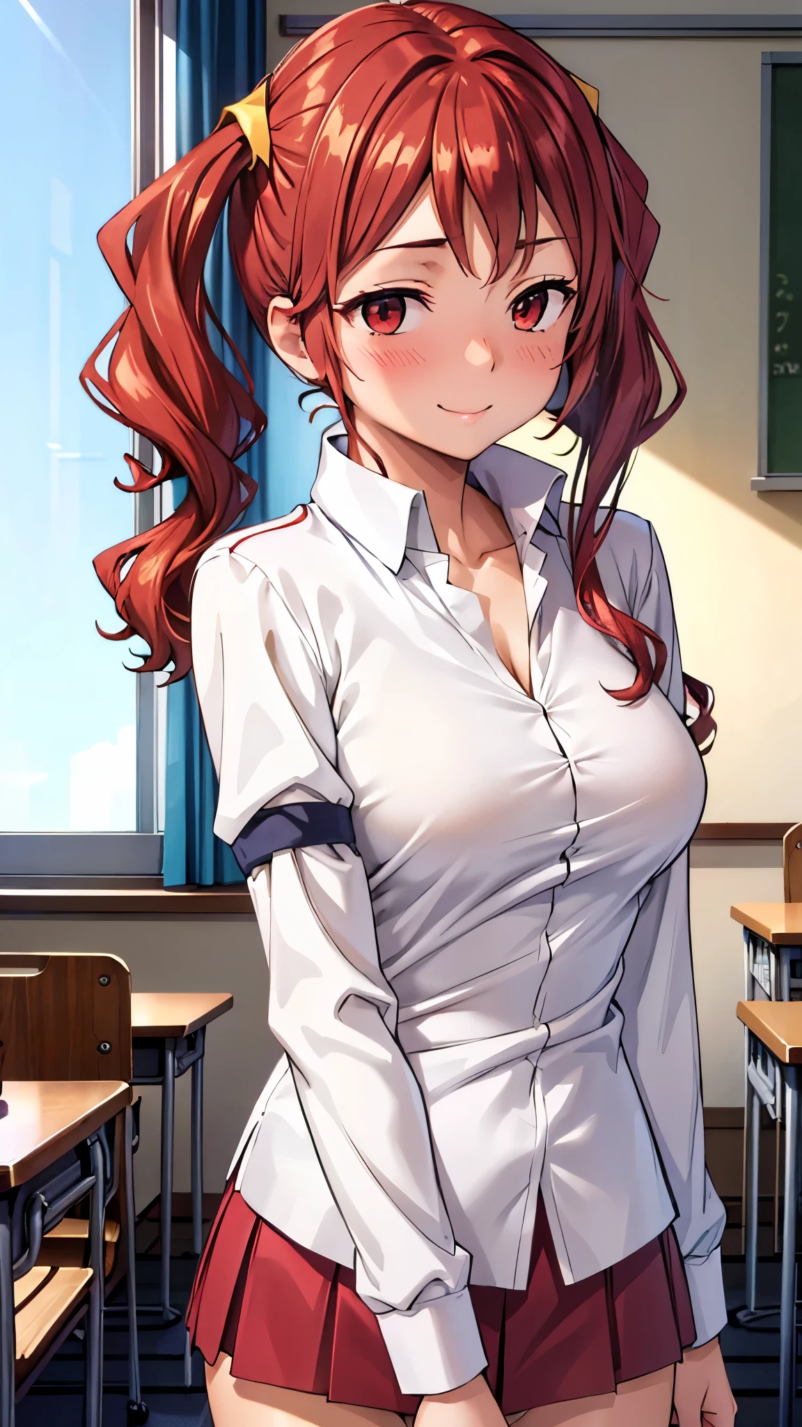 (super quality,super high resolution,16k,Super Masterpiece,Ultra HD ,detailed shading and background,) upper body shot from below,Sexy high school girl,twin tails,white shirt with the sleeve turned back,The Valley of the Chest,red miniskirt,white panties,cover,smile,Leaning forward greatly, evening classroom ,