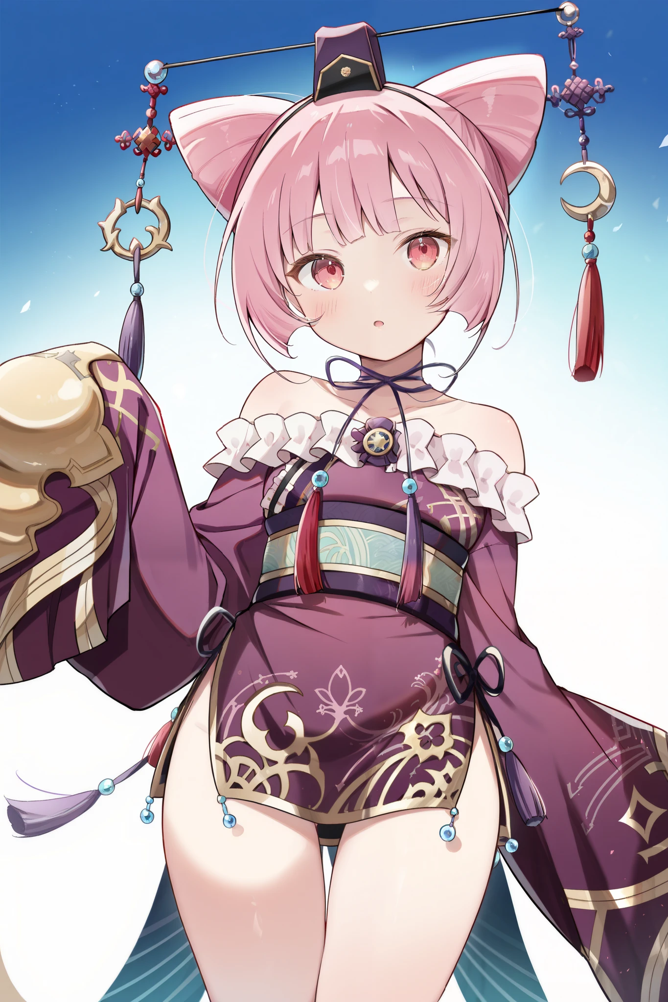 score 9, score 8 up, score 7 up, ultra-detailed, (best quality, (((masterpiece))), ultra detailed, ultra high res, absurdres, high-resolution, highest quality, very aesthetic, textile shading), source anime, (detailed eyes), (detailed face), , , (Number of fingers is 5), BREAK, (kabu usagi), ascrnria, pink hair, cone hair bun, red eyes,
crnrdef, hat, purple kimono, tassel, purple stripes, brooch, neck ribbon, bare shoulders, strapless, frills, green sash, obi, sleeves past wrists,