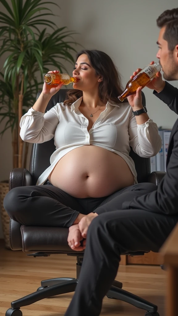 Your POV view of you offering beer to your pregnant plus size stepmother with her big belly at home. fisheye camera view, iphone camera style. HD, realface, cinematic