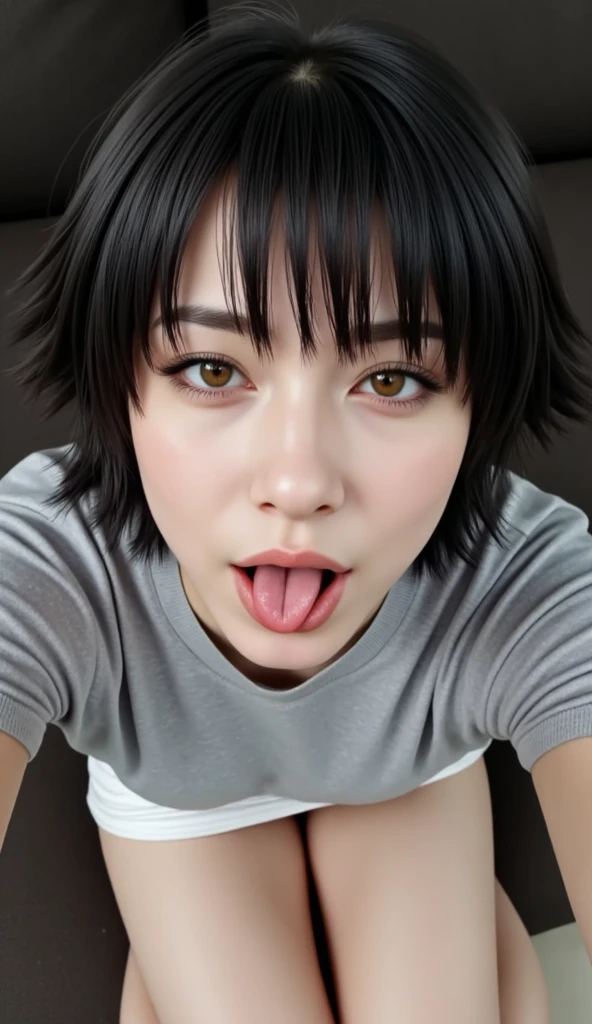 pastel colors colors t-shirt,off-shoulder look,bare shoulder,ollarbone,midriff peek,Denim shorts,(open mouth:1.5),(tongue out:2),kneeling,hand between legs,front view,(overhead shot:2),upper body(1girl,Beautiful 14 year old girl),((Slender,Small breasts,Small face,)),(looking at viewer),Black Hair,bangs,one side up,Beautiful and detailed,(Dimly lit room:1.5),Mischievous smile,Black simple background
