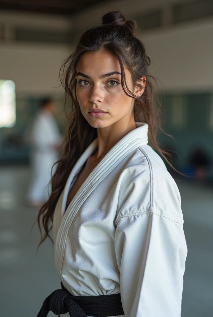 portrait of a european 21 year old slavic woman in white karate suit, black belt, posing for a photo, beautiful, pretty body, female body, shirtless, attractive body, cup-size D, gentle face, long brown hair with blonde temples, camera eos 5, 85mm --v 5.2