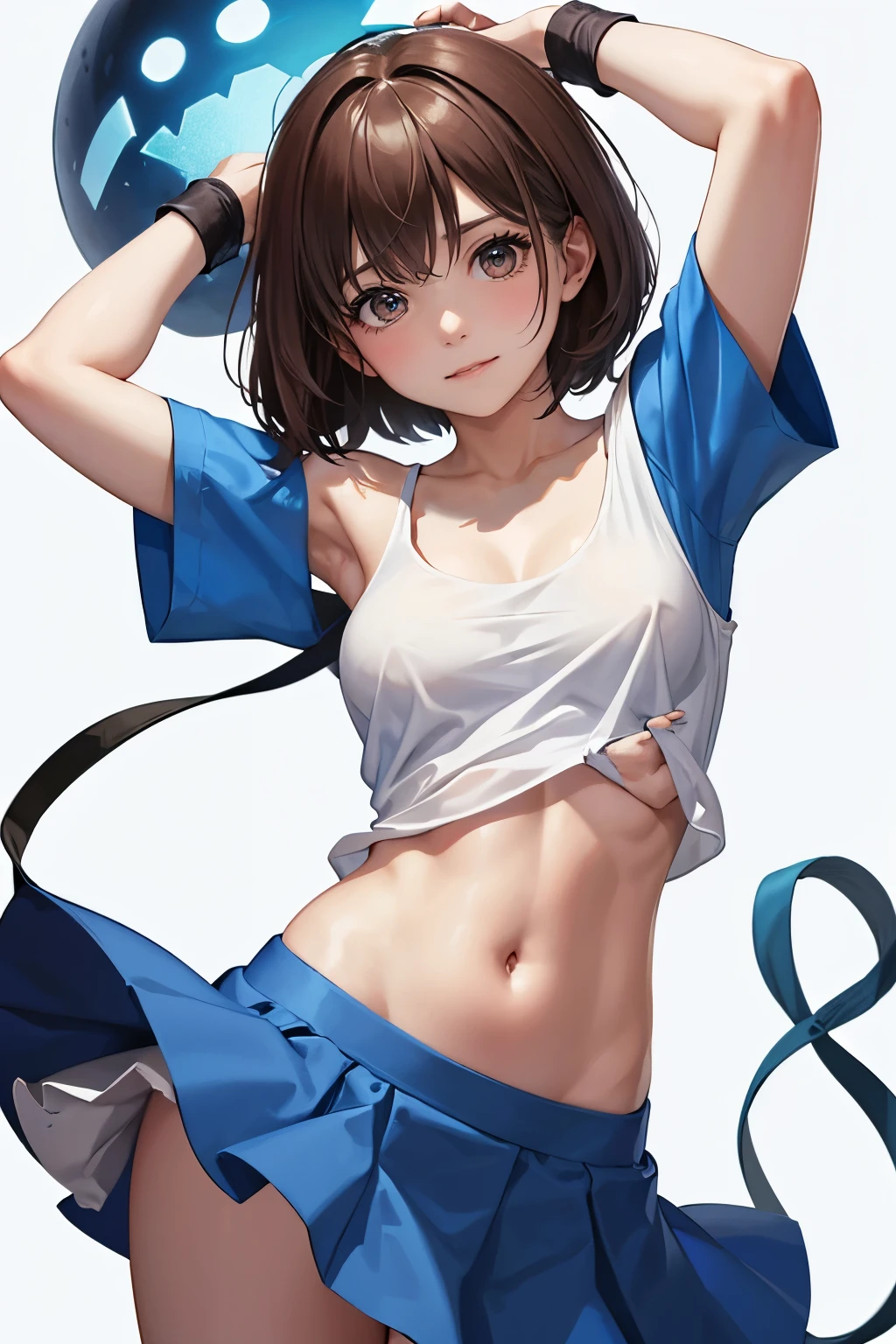 (((SFW、sound、Highest quality、 Super Horrible Leotard 、 Normal Body 、8k、 detailed face 、 super accurate 、 real color 、通常See also、5See also、Highest)))、 beautiful girl、 brown hair、 bob cut from the front、slender、 The length is short 、細いfeet、Arles、Squishy4、 Magician、Blue short sleeve shirt、 white tank top 、 Tank top shirt、 blue miniskirt、Half shoulder pad、 Short sleeve 、、dungeons、 feet 、Torn Clothes、 torn tank top 、 torn shirt 、torn skirt、 I turned my skirt upside down、 has a ragged skirt 、 I can see his white pants 、 have broken.、Exposed Muscle、with hair、A plump figure、 completely naked