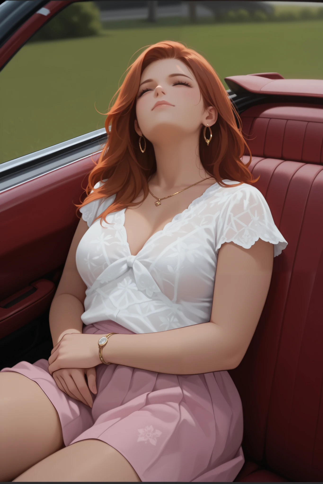 1 beautiful woman, big eyelashes, glossy lips, asleep drooling, sweating, asleep with her mouth open, snoring, asleep lying on the bus, head resting on the seat, eyes closed, painted eyelids, made up, beautiful body, wedding dress sexy; Lilac lipstick, full body, looks like actress Bryce Dallas Howard.