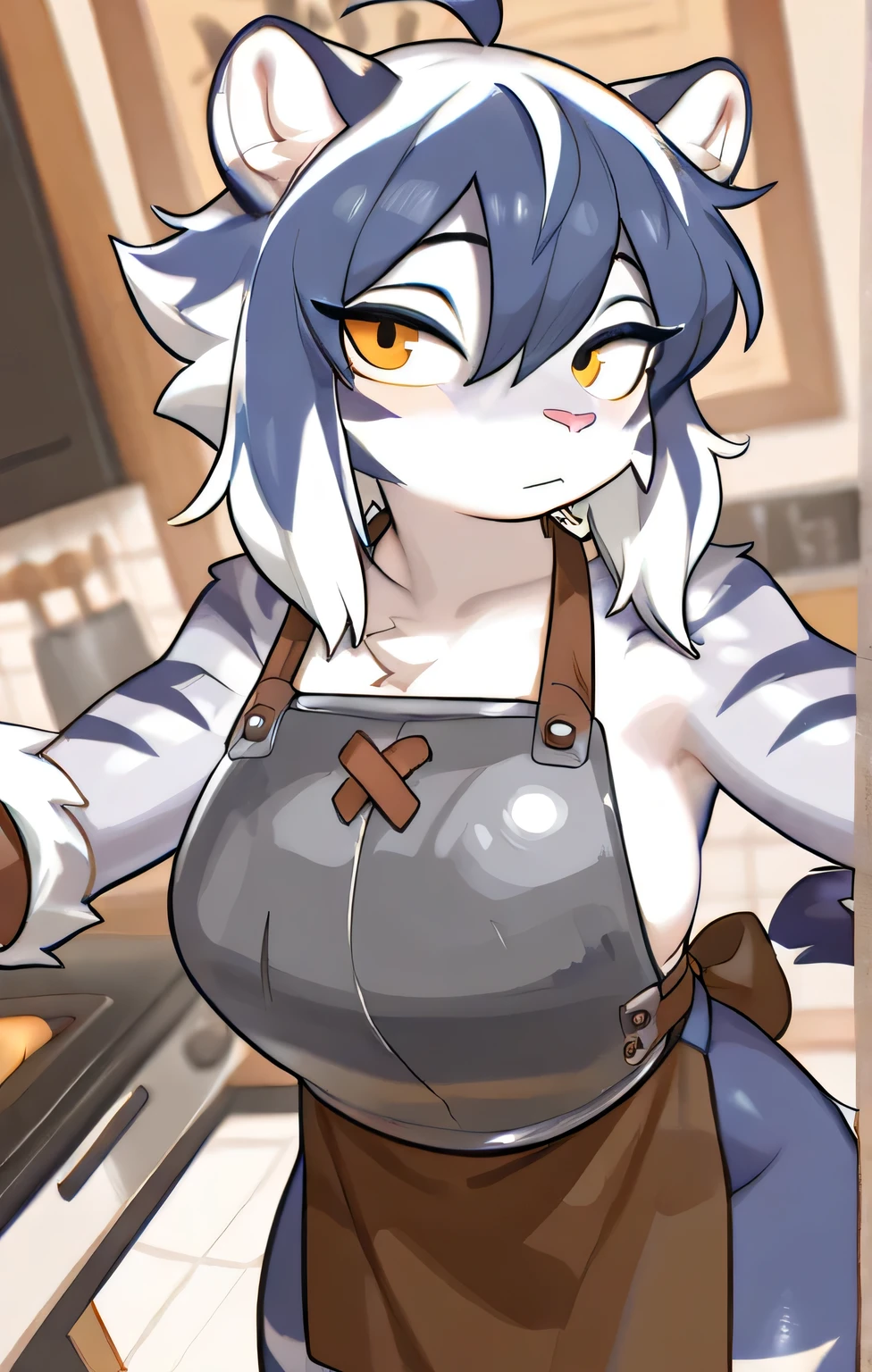 shark girl, Very sexy, big breasts, white apron, Sweating