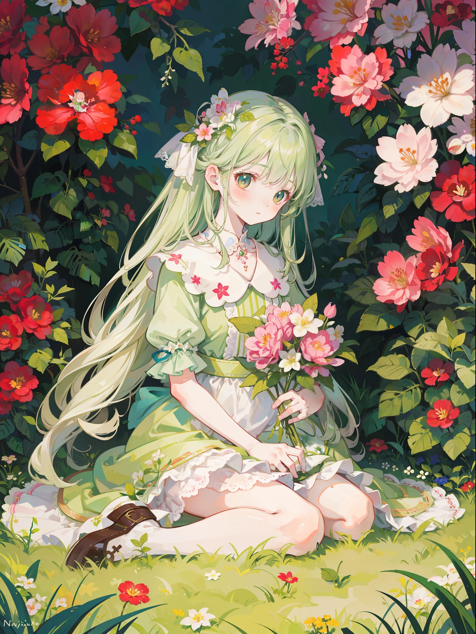 Una diosa de las flores. Todo cubierto de flores, Rest on his throne made of branches and plants in the middle of a spring garden.. Ella es extremadamente hermosa y su piel es clara y fina, Sus ojos son inocentes y dulces