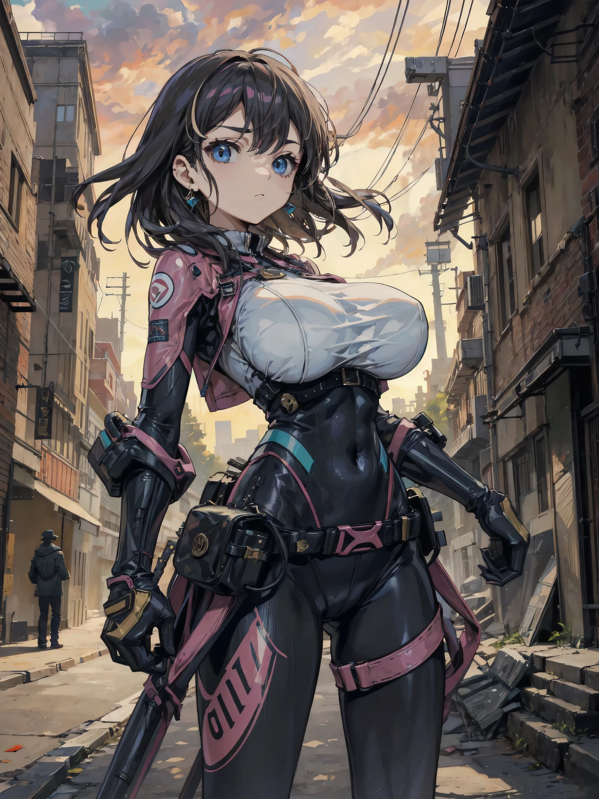 qingS, 1girl, solo, (bodysuit:1.2), asymmetrical legwear, single mechanical arm, long_sleeves, cowl, gloves, headdress, armor, boots, brown hair, long hair, yellow eyes, looking at viewer, (naughty_face:1.2), standing, cowboy_shot, street, day, sunlight, (masterpiece,best quality,beautiful and aesthetic:1.2), anime coloring, <lora:qingS02-000003:0.7>