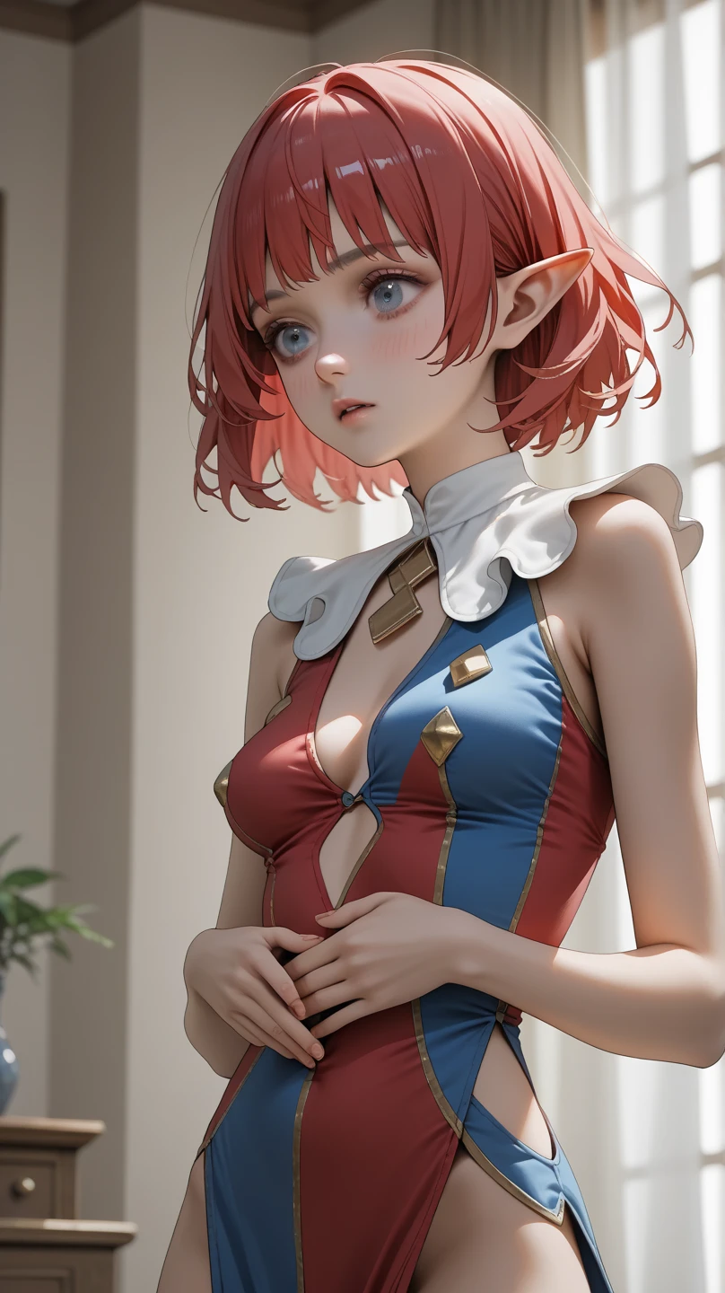 ((perfect anatomy:1.2,realistic,:1.3,RAW Photography:1.3,masterpiece、highest quality、Ultra - High resolution、High resolution、Highly detailed CG、8K)),nsfw,cowboy shot,1 female,alone,20-year-old,beauty of japan,beautiful detailed face and eyes,big and gorgeous eyes,gray eyes,(red hair,short bob hair,bangs), (slender body,small head:1.4, skinny、small breasts), glowing skin,oily skin,(fantasy clothing,off shoulder、red micromini skirt,choker),fantasy world、Fantasy cityscape、medieval europe、natural sunlight、