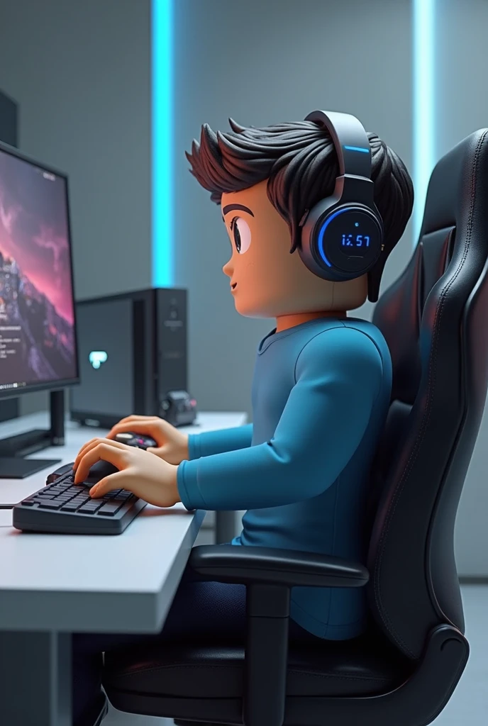 A boy, ((sitting, in the Game chair)), wearing a ((headset game)), sitting in front of the screen of the ((computer)).com hands positioned comfortably on the keyboard, mouse, In the surrounding environment, it is possible to see elements that indicate his interest and passion, such as game posters --auto --s2