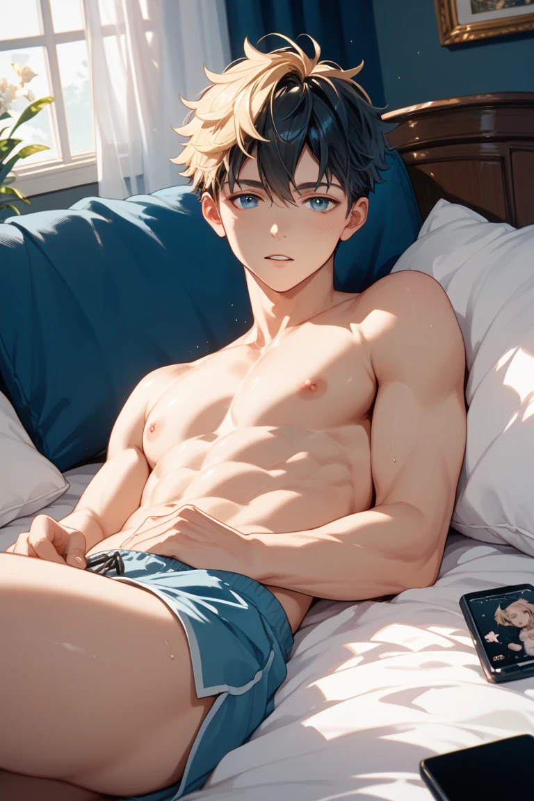 boy , thin, Very cute, lying in bed. shirtless, in shorts, мальчик thin, shy, bends