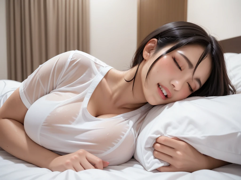 raw photo , 8K, ultra detailed, (realistic:1.2), masterpiece, (1girl:1.3), (pajama, sexy),huton:1.2, (sleep), (open mouth:1.2),(from above)
