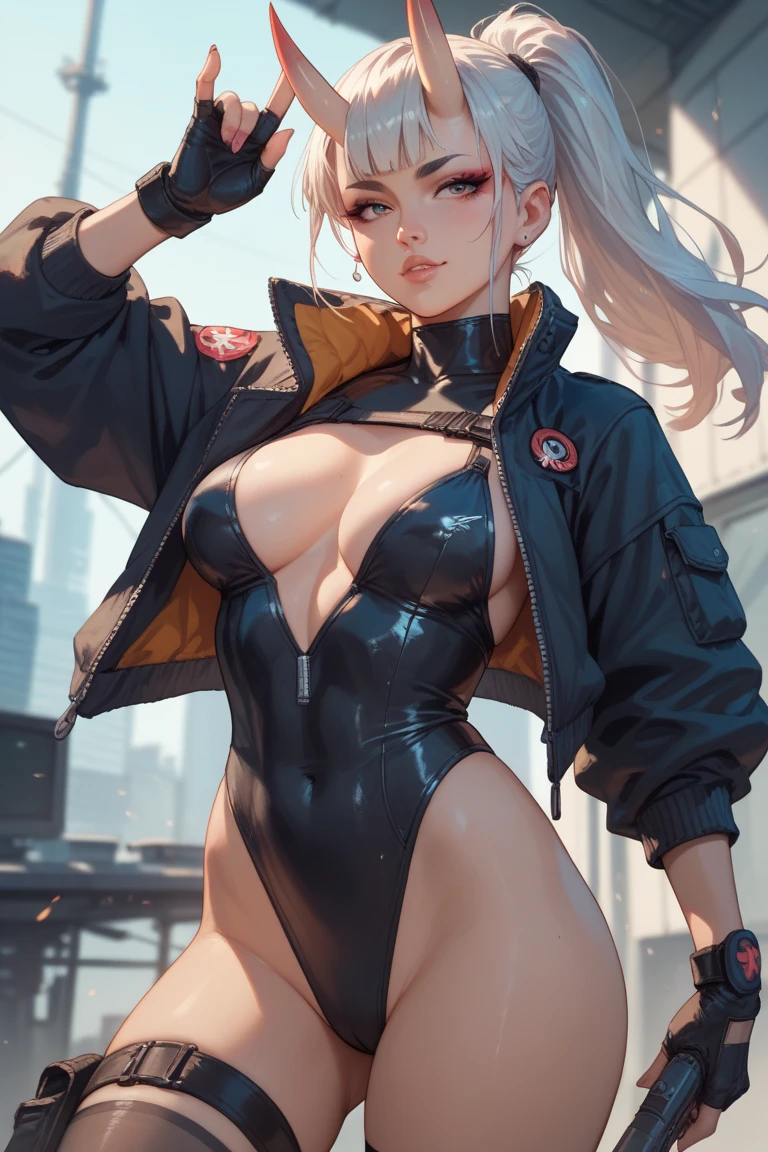 girl sporty,((attractive girl)),

(large breasts:1.4),saggy breasts,(((white hair:1.4,white ponytail hairstyle:1.5,very long hair:1.5))),((heterochromia:1.5, (orange_eye and pink_eye))),intricate eyes,beautiful detailed eyes,symmetrical eyes,((fat))(((lustrous skin:1.5,bright skin: 1.5,skin tanned,shiny skin,very shiny skin,shiny body,plastic glitter skin,exaggerated shiny skin,illuminated skin, wet legs))),(spider lower abdomen,narrow waist,wide hip,athletic body,inflated legs, thick thighs,detailed body,(detailed face)),

cute,slutty,seductive,erotic,(((nsfw))),

revealing clothing,show skin,with micro clothes,almost totally naked,with little clothing,(tiny thong),generous neckline,((tight sports bra, tight sports thong,((orange and black clothes)))),(((underboob))),((wet clothes,intricate outfit,intricate clothes)),

(dynamic pose:1.0),embarrassed,(centered,scale to fit dimensions,Rule of thirds),

cyberpunk city by the ocean at night, with bright neon signs and dark stormy clouds and puddles, scenery:1.25,nighttime, starry night, cosmos,Very dark night that makes the neon lights stand out, very bright neon lights,

artistic photography,(photography taken by sldr),highres, sharp focus,(ultra detailed, extremely detailed), (photorealistic artwork:1.37),(extremely detailed CG unity 8k wallpaper),((synthwave background theme)),(((vibrant colors))),intricate,(intricate background),(masterpiece),(best quality),perfect rendered face,perfect face details,realistic face,photo realistic,analog style,((intricate detail)),(((realism))),