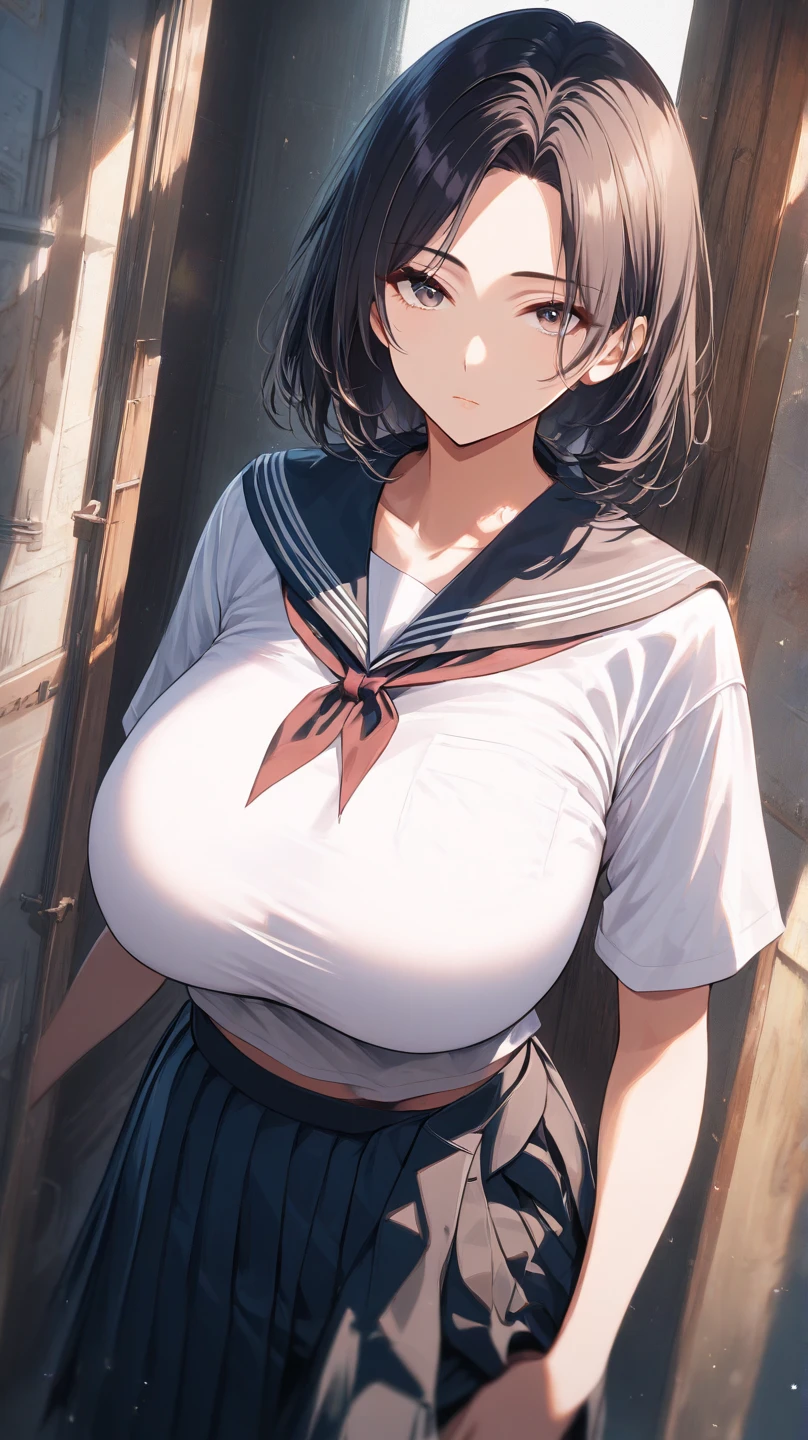 (in 8K), ((ultra-quality)), (looking up), (upward glance), (Bukkake:1.5), (front view), (in 8K), (arms behind head:1.5), ultla highres, Hyper Detailed, High contrast, Ultrafine Strike, creative refinement, absurdres, Realistic, extremely detailed CG unified 8k wallpaper, Highly detailed, High-definition raw color photos, professional photograpy, Realistic portrait, Cinematic Light, Beautiful detailed, 28 years old woman, (realistic skin:1.3), (shiny skin), (Best Quality:1.4), Super Detail, High quality, master piece, lifelike, (After SEX), Bukkake, Perfect face, (cum on chest:1.3), (Bukkake:1.3), (cum on body:1.3), (Sharp Focus), (upper body), (close up), Delicate Beautiful Hair and Eyes and Face, Delicate eyes, radiant eyes, Lifelike, Hyper-detailing, (Wearing a black sailor uniform:1.3), (school costume), (black sailor costume), (no tie), (Sheer), (colossal breasts:1.5), (large breasts:1.6), (Beautiful breasts:1.5), (covered breasts:1.5), (arms behind head), Beautiful cute woman, camel-toe details, (SFW), wet clothes, pale black eyes, (dark hair), (asymmetrical bangs),