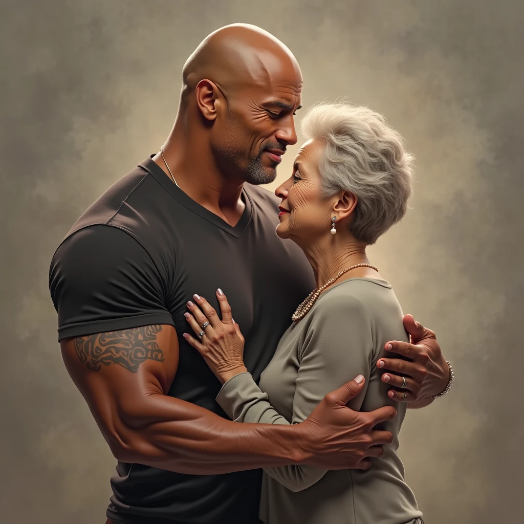 2 muscular boys arguing in the kitchen with their eighty year old mother, show the 3 standing in the kitchen, the woman is 1.70 meters tall and the muscular boys are 1.55 meters tall