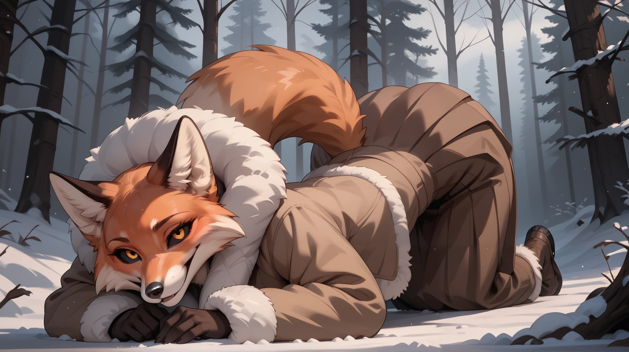 grey sky, forest plain, winter, fox, black eye sclera, yellow eyes, brown fur coat , brown skirt, voluminous inserts along the edges of the white fur coat and skirt, ass up, arched her back up,