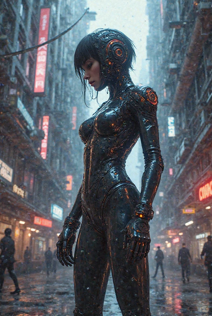 Top Quality, Masterpiece, Ultra High Resolution, ((Photorealistic: 1.4), Raw Photo, 1 cyberpunk Girl, Glossy Skin, 1 Mechanical Girl, (Ultra Realistic Detailechanical limbs, tubes connected to the mechanical parts, mechanical vertebrae attached to the spine, mechanical cervical attachment to the neck, wires and cables connecting to the head, Evangelion, Ghost in the Shell, small glowing LED lamps, global lighting, deep shadows, Octane Rendering, 8K, bloom effect, Ultra Sharp, Metal, Intricate Ornament Details, baroque details, Very intricate details, realistic light, CGSoation trend, facing the camera, neon details, (android manufactory in background), art by H.R. Giger and Alphonse Mucha.